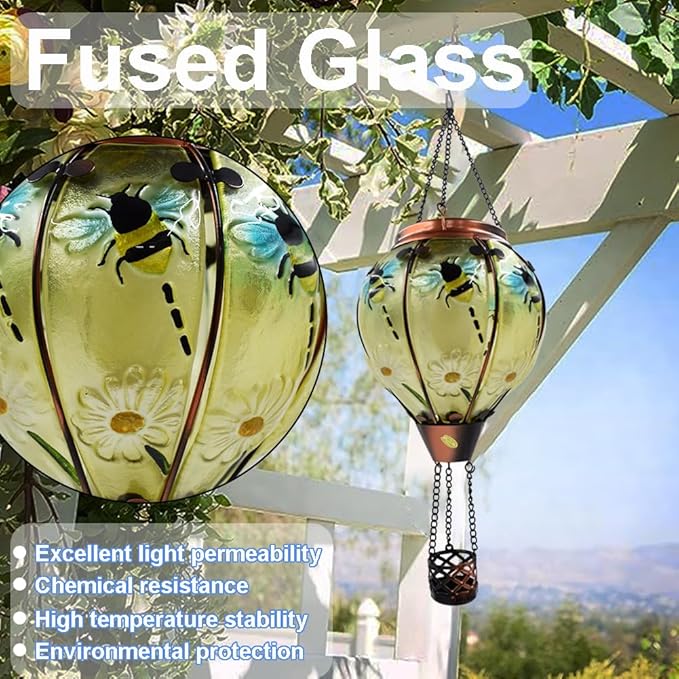 Hot Air Balloon Solar Lantern with Flickering Flame, Glass Hanging Garden Lights Outdoor Waterproof for Tree Yard Patio Mother's Day Gift, 18" H Bee