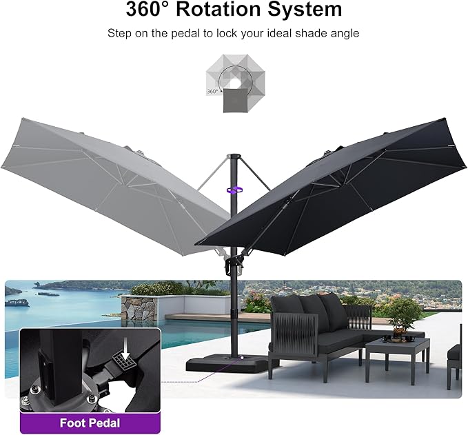 PURPLE LEAF 9.8' X 9.8' Tilting Patio Umbrella with Base Outdoor Cantilever Swivel Square Umbrella with Tilt Aluminum Offset Umbrella with 360-degree Rotation for Garden Deck Pool Patio Grey