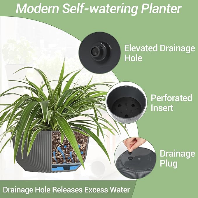 T4U 10 Inch Hanging Planters for Indoor Outdoor Plants, Hanging Plant Pot Pack of 2, Self Watering Hanging Pots with Drainage Hole & Plug & Chain with 3 Hooks for Garden Home Decor, Grey