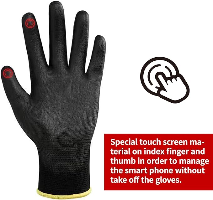DULFINE Safety Work Gloves PU Coated for Men and Women-12 Pairs,Black Seamless Knit Glove with Two Fingers Touchscreen,Ideal for General Duty Work (Medium)