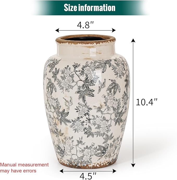 Sungmor Ceramic Flower Vase, Vintage Ice Cracked Glaze Porcelain Vase, Pretty Home Decor Vase for Flower Arrangement, Fresh Flowers, 10.2 Inch Tall Chinoiserie Pottery Vase, Gray Floral Pattern