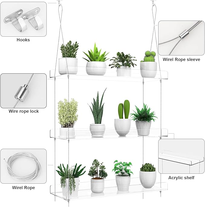 2-Tier Hanging Clear Plant Shelves for Windows, Acrylic Window Wall Plant Stand Shelf for Kitchen Indoor Gardens, Flower, Succulents, Herb, Seedling Organization, and Pots Display, 16 Inch per Tier