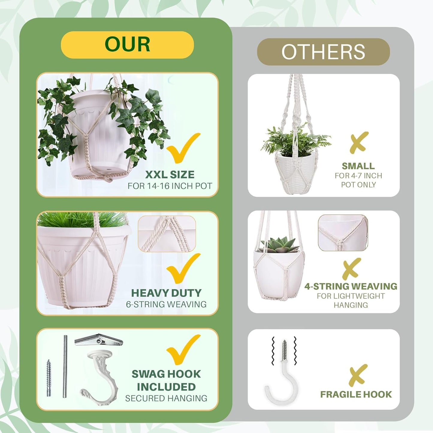 2 Pack Giant XXL 55 Inches Macrame Planter Hanger Large for 15 inch Pot + Swag Hook | Extra Large Hanging Planter for Indoor Plants | No Pot/Plant Included (XXL Black)