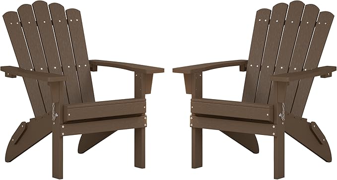 Folding HDPE Adirondack Chair Set of 2, Weather-Resistant Patio Chair with Wide Armrests & High Backrest, Fire Pit Chair for Garden, Backyard, Porch - Coffee