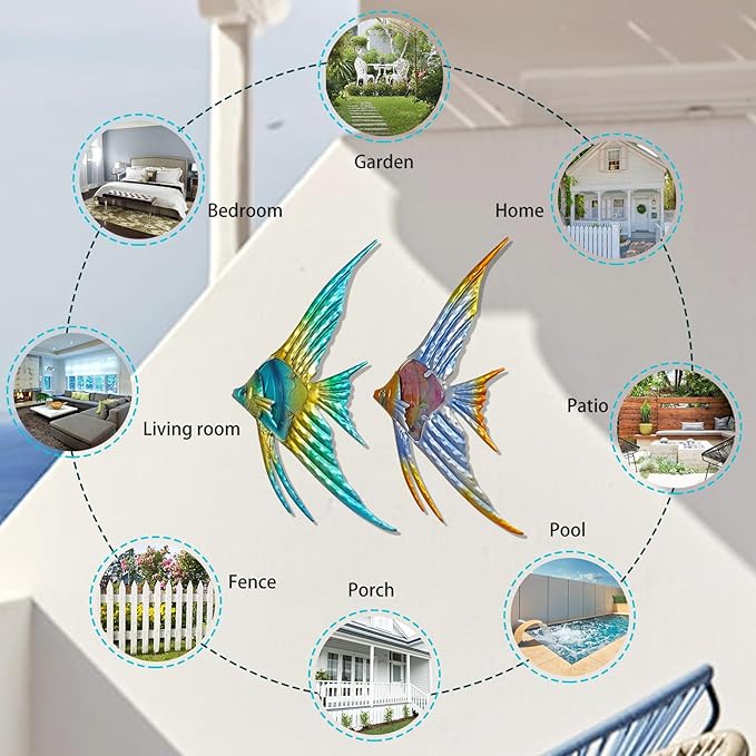 LIFFY Metal Fish Wall art Decor Beach Wall Decor Angelfish Art Sculpture Hanging for Outdoor Ocean Beach Sea Pool Decorations(Pair of Angelfish)