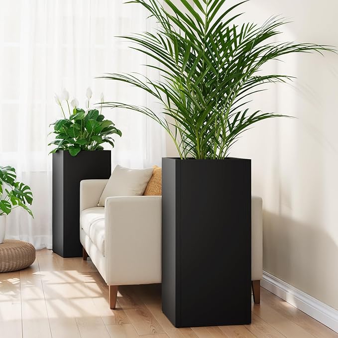 Stoog 30" Tall Planters for Outdoor Plants, All-Weather Metal Planter Boxes Set of 4, with Removable Insert Shelf, Modern Design, Indoor/Outdoor Use, Black