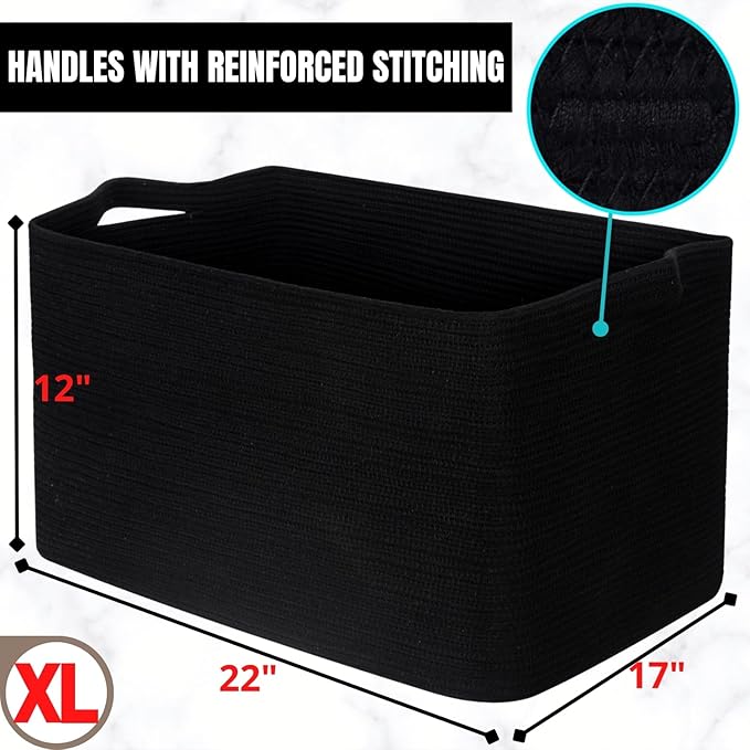 MINTWOOD Design 22in Extra Large Blanket Basket Holder Living Room, Rectangle Rope Woven Storage Basket with Handles for Laundry, Pool Towels, and Shoes, Dog Toy Organizer Bin Box, Full Black