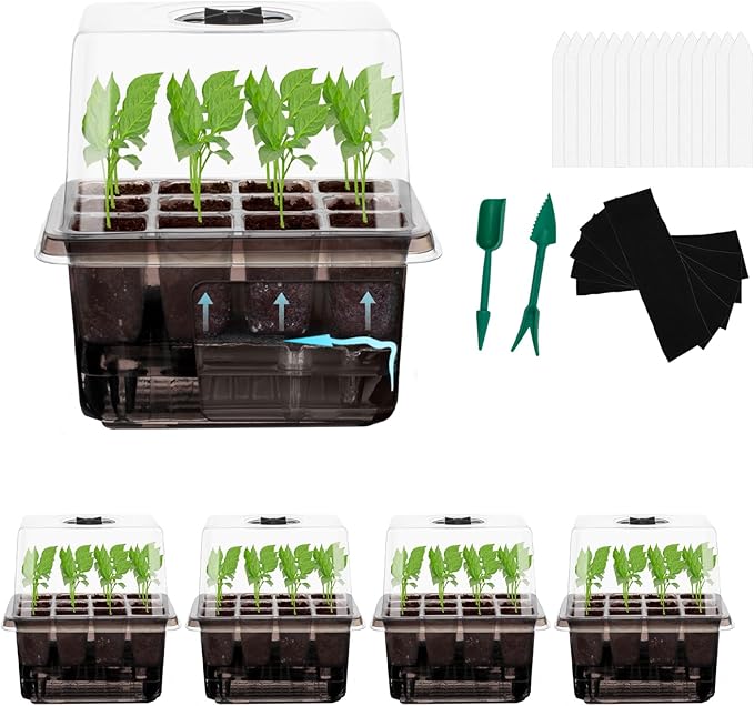Seed Starter Trays Self-Watering - Kit with Humidity Dome, 5-Pack 60-Cell Plant Seedling Tray,Reusable Germination Trays for Indoor Gardening Seeds Growing Starting
