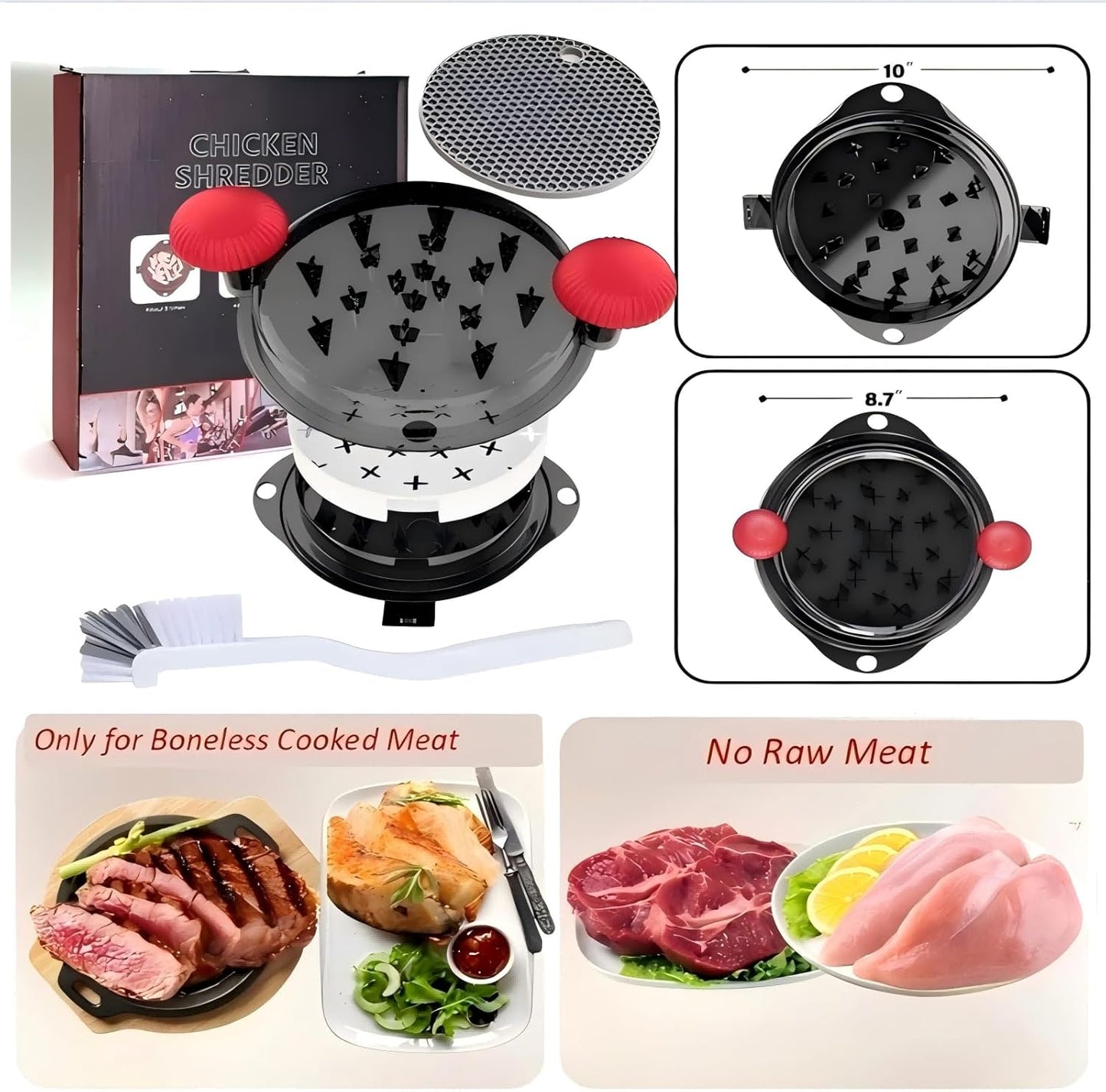 Chicken Shredder Meat Shredder Tool Twist Chicken Breast Shredder Large-Shredding Tools Chicken Breast, Pulled Pork, Beef with Stainless Steel Spikes (Red & Black)