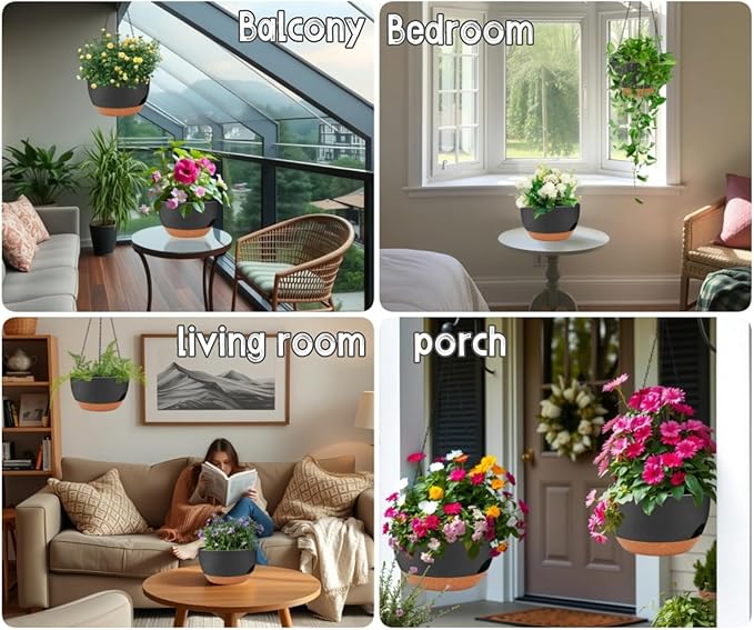 2 Pack 12 Inch Large Hanging Planters with Chains Self Watering Black Brown Plastic Hanging Pots for Indoor Outdoor Plants, Garden Porch Home Decor，Black Brown