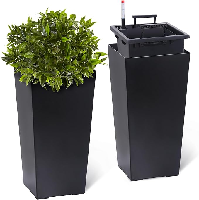 22.5" Tall Planters Set of 2, Outdoor＆Indoor Black Planter Pots, High Front Porch Planter Pots with Drainage Holes＆Water Level Monitor＆Inner Bucket, Automatic Watering, Black