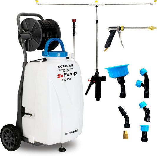 10.5 Gal Battery Powered Sprayer with Double Professional Pump with Wheels, Multifunctional and Portable Weed Sprayer for Lawn & Garden with Adjustable HD Wand and Nozzles