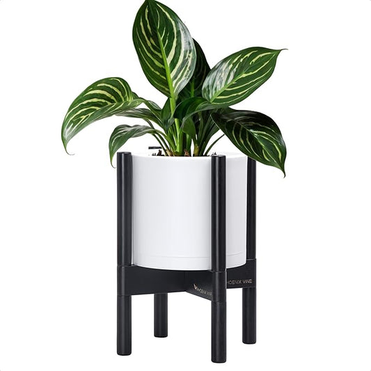 D'vine Dev Planter Pot with Stand - 8 Inch Plastic Cylinder Flower Pot with Wood Planter Holder for Indoor, Matte White Pot + Ebony Stand, 55-C-K-1
