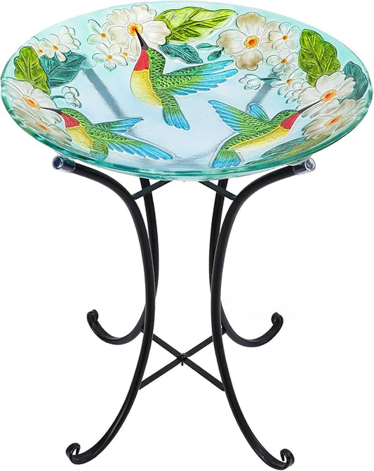 VCUTEKA 18" Outdoor Glass Birdbath with Sturdy Metal Stand for Lawn, Yard, or Garden Decor Bird Lovers Gift, Hummingbird Bird Bath Detachable, 22" Height
