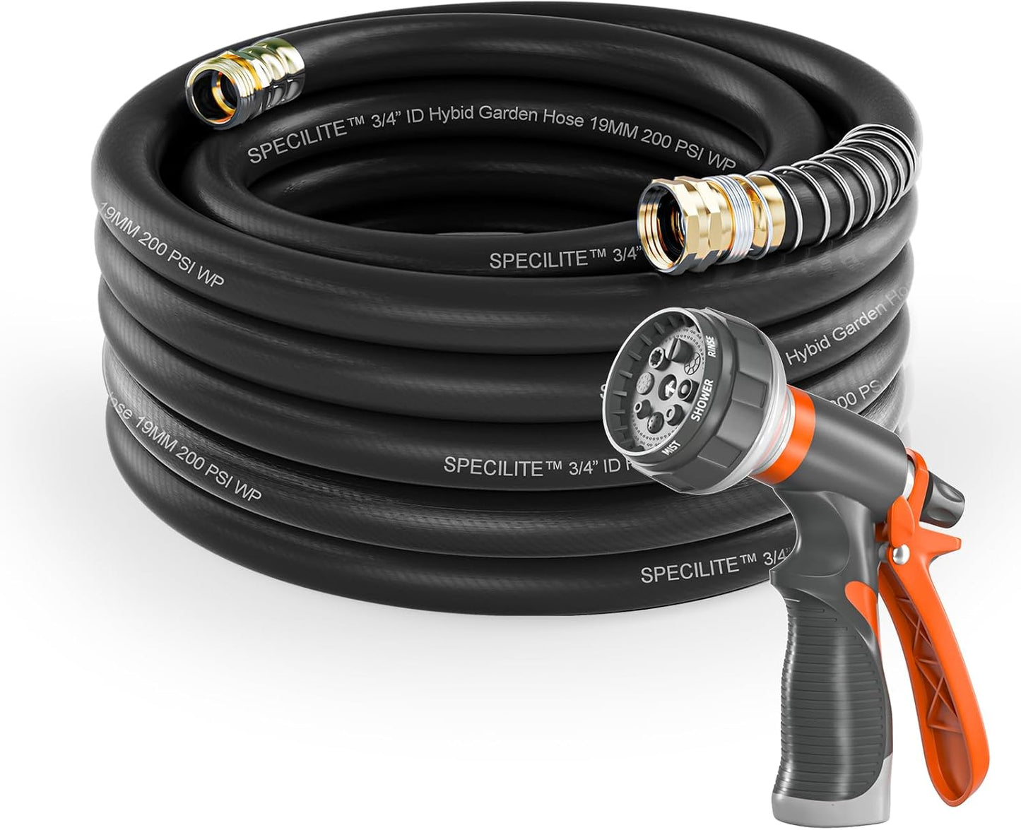 Garden Water Hose 75 ft x 3/4 in Heavy Duty, Flexible and Lightweight, Burst 600 psi, Kink-less Hybrid Rubber Pipe for Backyard, 3/4'' Brass Fittings, Black