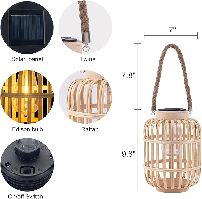pearlstar Outdoor Solar Lanterns Light Rattan Natural Lantern with Handle for Hanging or Table Lamp for Patio Yard Garden Wedding Home Decoration, Edison Bulb, Auto on/Off (Style 4)