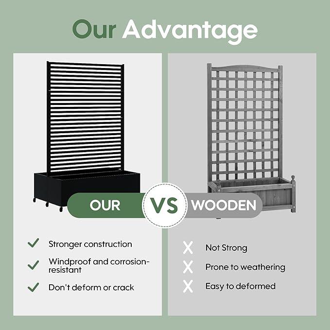 Double Metal Planter Box with Trellis Privacy Screen, Raised Garden Bed with Trellis & Wheels, Planter Box Outdoor with Drainage Holes for Climbing Plants, Vegetable, Vines,73"x 47"x 30", Black