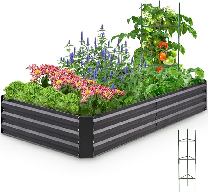 Quictent Galvanized Raised Garden Bed 6x3x1 Ft Metal Planter Box for Vegetables Bottomless for Backyard Outdoor, Include 1 Tomato Cage, Dark Grey
