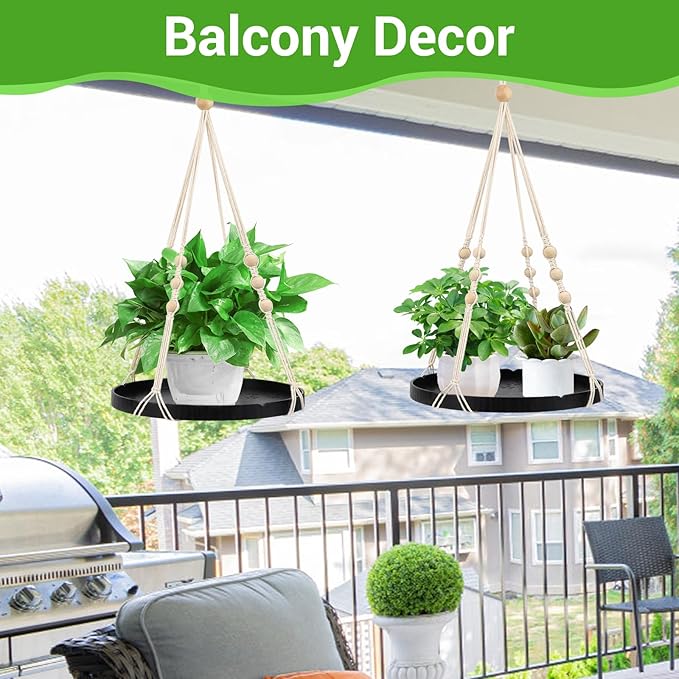 SUREAM Indoor Hanging Planter Shelf, Black Macrame Plant Hanger, Handmade Cotton Plant Hangers with Wood Tray, Planter Flower Pots Holder for Window Wall Ceiling Home Porch Patio Decor