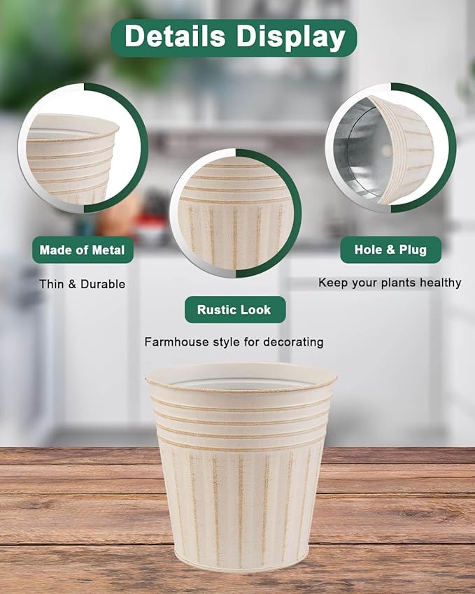 vensovo 5 Inches Beige Metal Rustic Flower Pots - 6 Pcs Small Galvanized Planters with Drainage Hole and Rubber Plug, Rustproof Tin Bucket Plant Pot Farmhouse Vintage Style for Decor