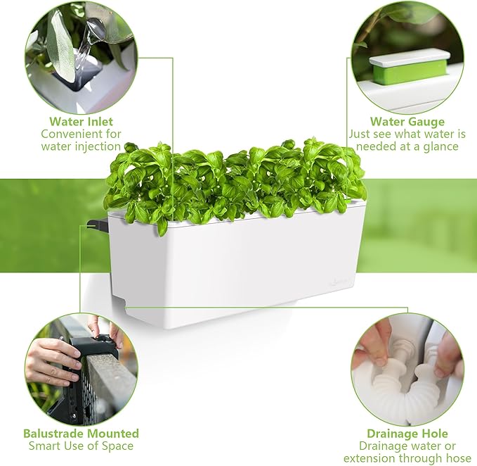 Glowpear Self Watering Railing Planter Box - 23.6", White - UV Stable, Scalable Plant Pot with Water Gauge, Indoor Outdoor for Vegetables, Flowers, Herbs, and Succulents