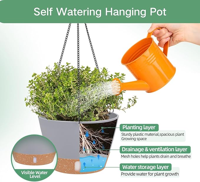 QCQHDU 2 Pack 10 inch Hanging Planters for Indoor Plants, Outdoor Hanging Baskets, Self Watering Pots with Drainage Holes & Removable Tray (Light Grey, 10 inch)