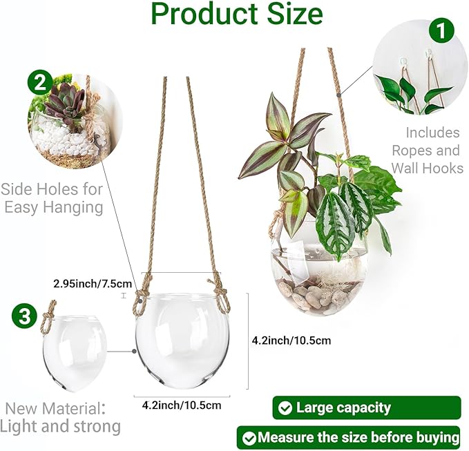 Wall Hanging Glass Planter Air Planter Terrarium Vase Propagation Stations for Hydroponic Plants, Succulent Moss Tillandsias Air Plants Globe,Home Office Garden Decor, Set of 2