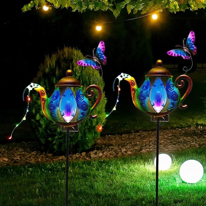 Solar Pathway Lights Outdoor, 2 Pack Metal Garden Lights, Decorative Lanscape Lighting Waterproof Solar Garden Decor Gifts for Mom, Women - Blue