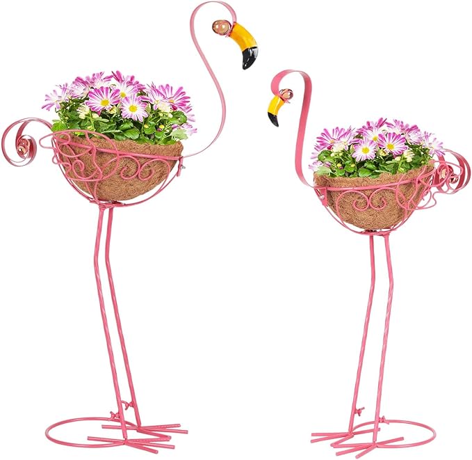 Set of 2 Pink Metal Flamingo Planters with Basket for Indoor Outdoor Garden Yard Decor
