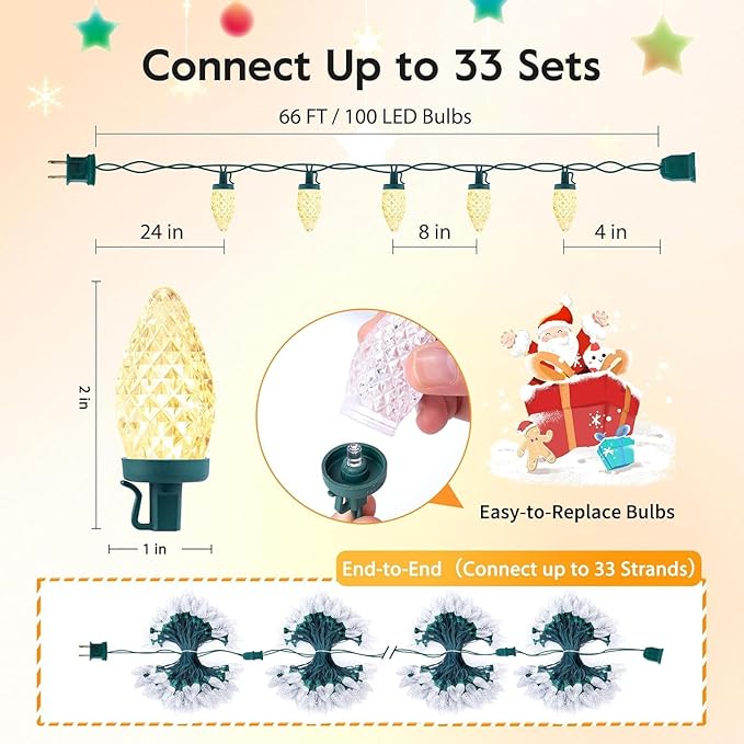 Brightown C9 LED Christmas String Lights, 66ft 100 LED Waterproof Strawberry String Lights, Plug-in Extendable Green Wire Lights String for Outdoor Indoor Outside Patio Wedding Party Decoration