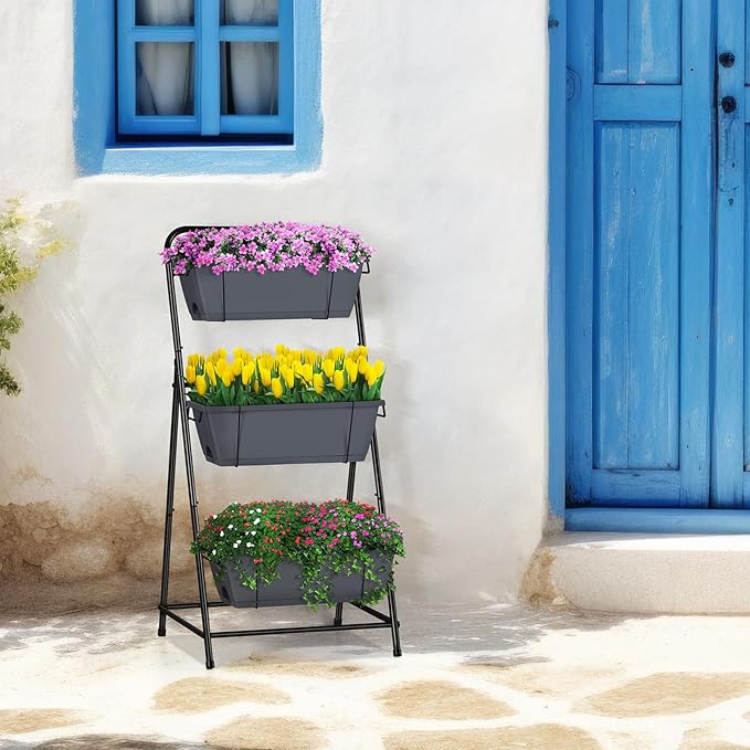 Vertical Garden Planter 3 Tier Raised Garden Bed Herb Planter Outdoor Standing Garden Planter Box with Drainage Holes Removable Tray for Patio Balcony Porch Grey