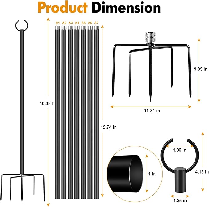 String Lights Poles Outdoor 10.3FT, 2 Pack 2 in 1 Upgraded Metal Light Poles for Hanging String Lights, Outside Lighting Stand with Hooks for Wedding, Parties, Deck, Garden, Fence Decor