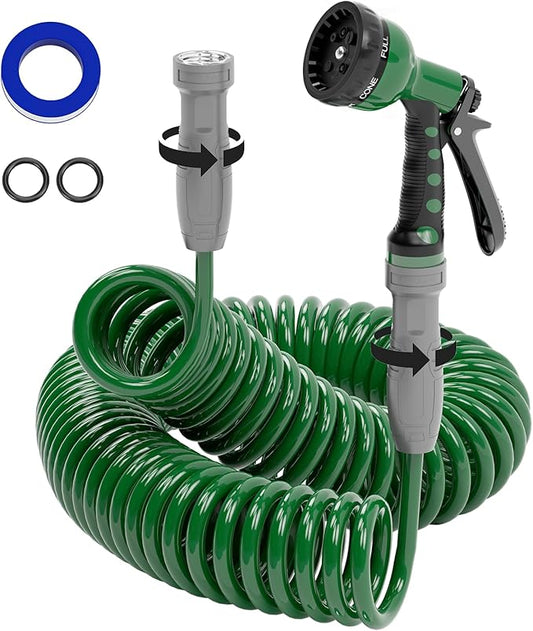 3/8" Lightweight Coil Garden Hose 50 FT, EVA Flexible Curly Water Pipes with 6-Pattern Spray Nozzle for Boat, Greenhouse, Yard, Patio, Green