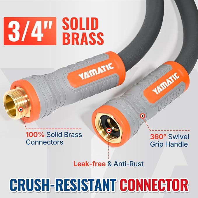 YAMATIC Heavy Duty Garden Hose 5/8 in x 50 ft with Swivel Handle, Super Flexible Water Hose, All-weather, Lightweight, Burst 600 PSI, Grey