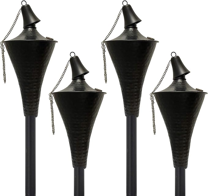 Set of 4, Oahu Premium Metal Outdoor Torches for Patio, Lawn and Garden - Tiki Style Metal Torch/w Snuffer, Fiberglass Wick & Large 16oz Oil Lamp - 53" Tall (Hammered Black)