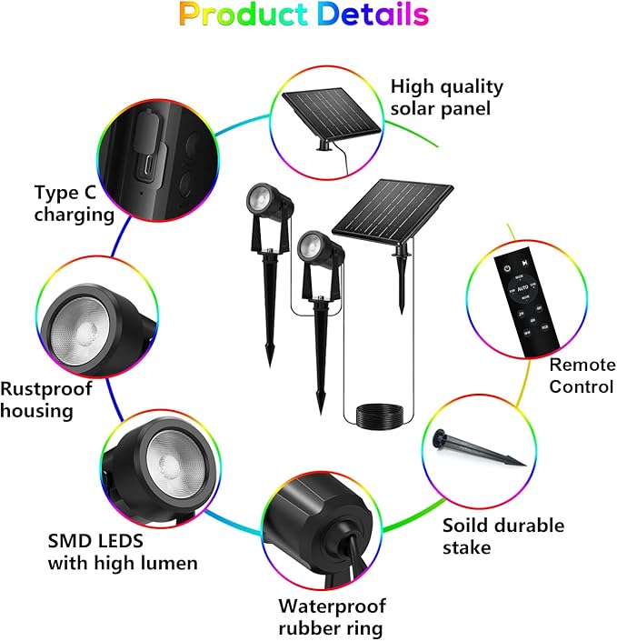 ZYAN Solar Powered Landscape Spotlights Outdoor Waterproof IP65, RGBW Colored Spotlights for Garden Yard, Auto On/Off Remoto Control Spot Lights for Plant, Tree, Patio, Path, Lawn, Wall (8 Pack)