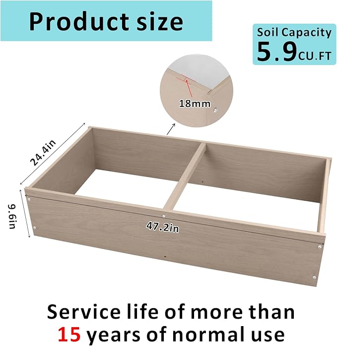 HDPE Raised Garden Bed 47.24 * 24.4 * 9.65 in,Vegetable Planter Bed Outdoor,Elevated Horticulture Planter Bed,Waterproof,Rot-Resistant and Non-Cracking Above Ground Garden Bed(Light Brown)