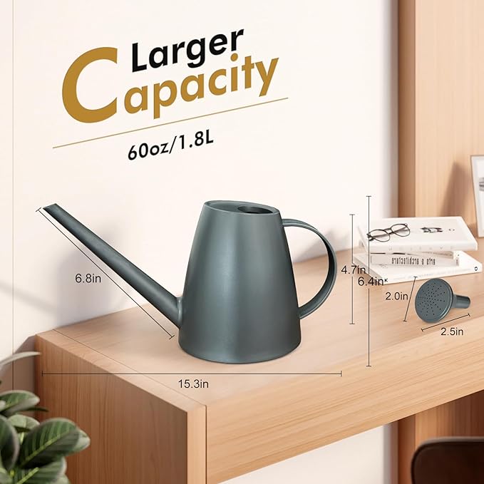 Watering Can for Indoor Outdoor Plants, Modern Small Watering Cans with Removable Nozzle, Long Spout Watering Can for Indoor Bonsai Plants Garden Flowers 1/2 Gallon 1.8L 60OZ (Gray)