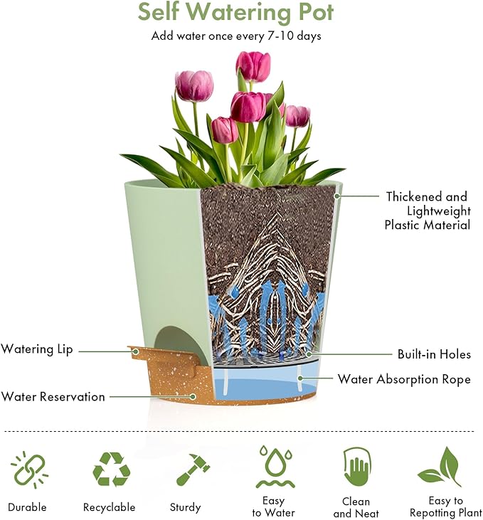 7/6.5/6/5.5/5/4 inch Self Watering Pots for Indoor Outdoor Plants, 6 Pack Plastic Flower Planters with Drainage Holes and Removable Saucers, Plant Pots with Wicking Rope, Green Brown