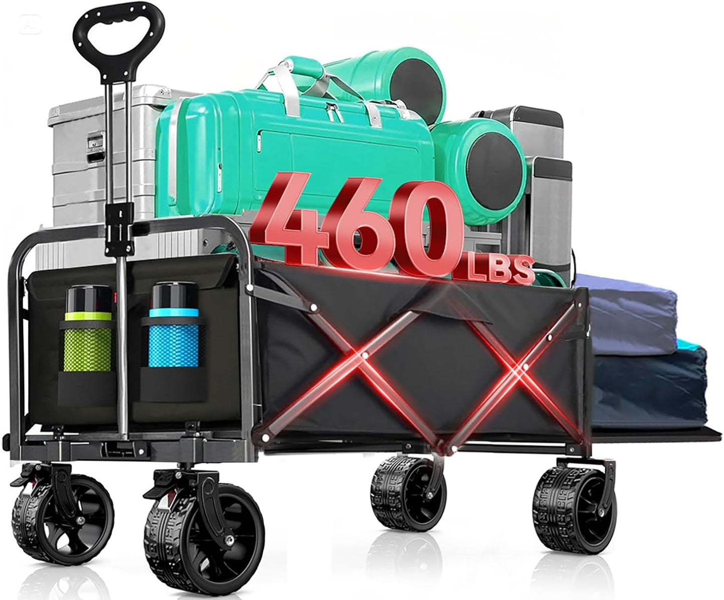 240L Capacity Foldable Wagon with Brakes, 49" Extra Long Extender Wagon Cart 460lbs Heavy Duty Collapsible Utility Cart with All-Terrain Big Wheels for Camping, Shopping, Beach