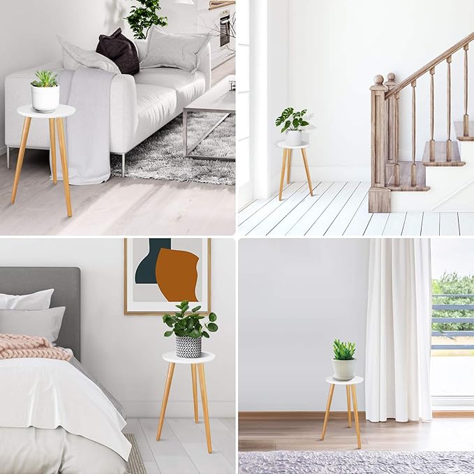 Uneedem Indoor Plant Stand - Mid Century Wooden Plant Table, Tall Holder for Flower Pots, Small Round End Table (A3-White, High: 20.5")