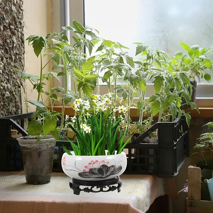 Ceramics Water Lily Bowl with Stand Chinese Style Hydroponic Planter Pot Round Narcissus Flowerpot Bonsai Daffodil Planting Container Garden Decoration 7 Inch