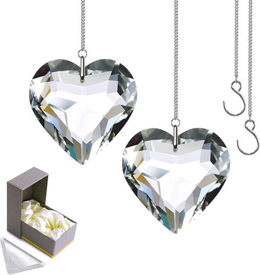 Clear Crystal Suncatcher, 2pc 45mm Heart, Handmade Prism Pendant for Windows, Outdoor Indoor Hanging Ornament, Rainbow Maker Gifts for Mom, Grandma, Friends (2 Hearts, Clear)