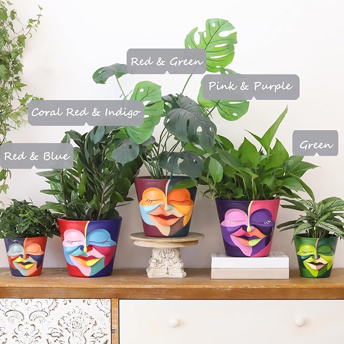 GUGUGO Face Planters Pots with Drainage, Abstract Gardening Pots for Indoor Plants, Unique Funny Small Succulent Pot for Plant Lover Gifts (Rainbow Colors - Mainly Green, 5.5Inch)