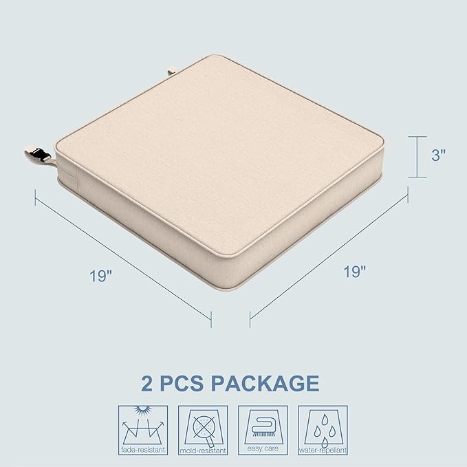 LVTXIII Patio Chair Cushions 19"x19"x3", Water-Repellent Outdoor Seat Cushions for Patio Furniture, Square Chair Pads with Ties for Home Garden Decoration, Set of 2, Beige