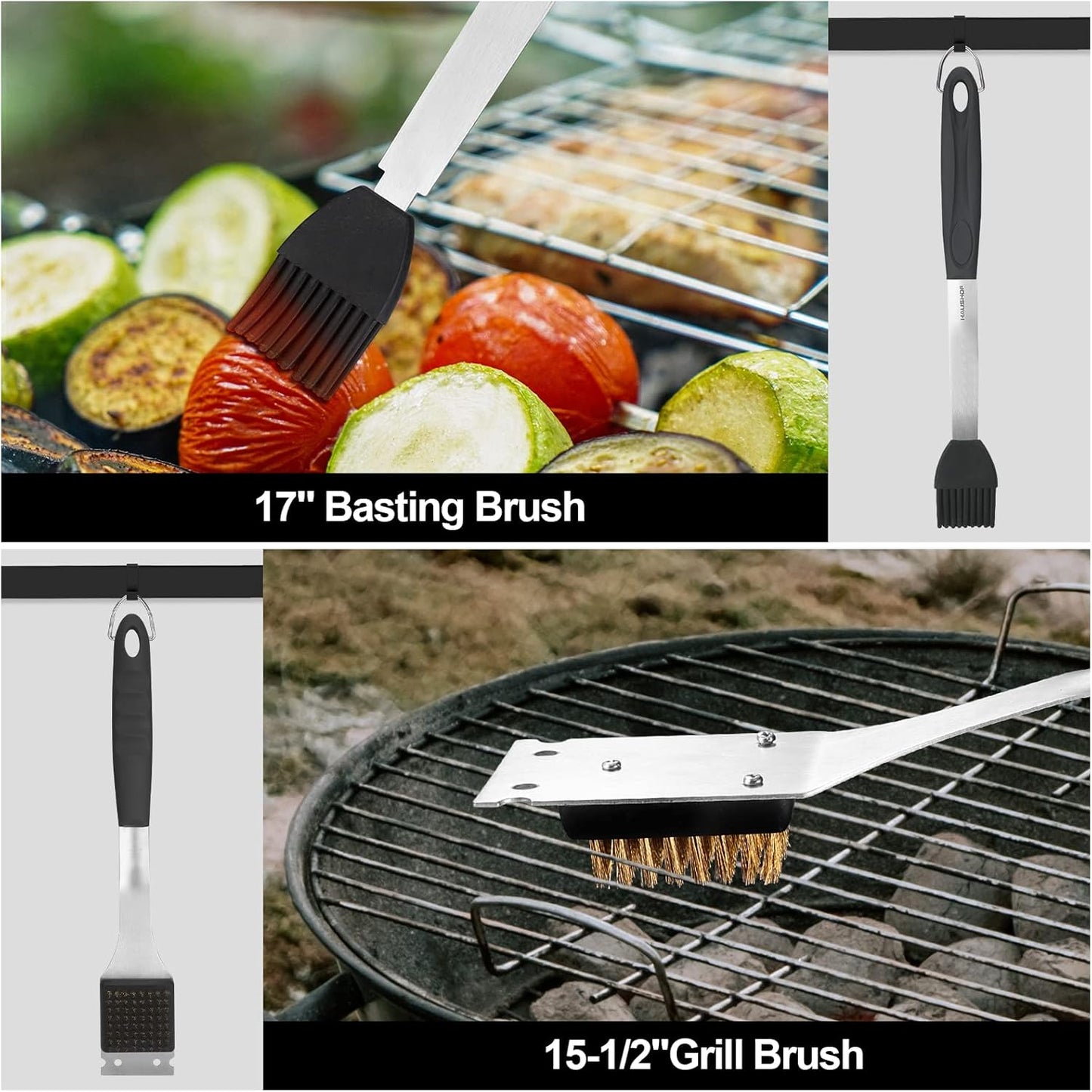 HAUSHOF Large Grilling Accessories, BBQ Grill Set, Heavy Duty Stainless Steel Barbecue Utensils with 16-1/2" Spatula, Brush, Fork, Tongs, Skewers, Thermometer, Bag, Ideal Gift, 15PCS