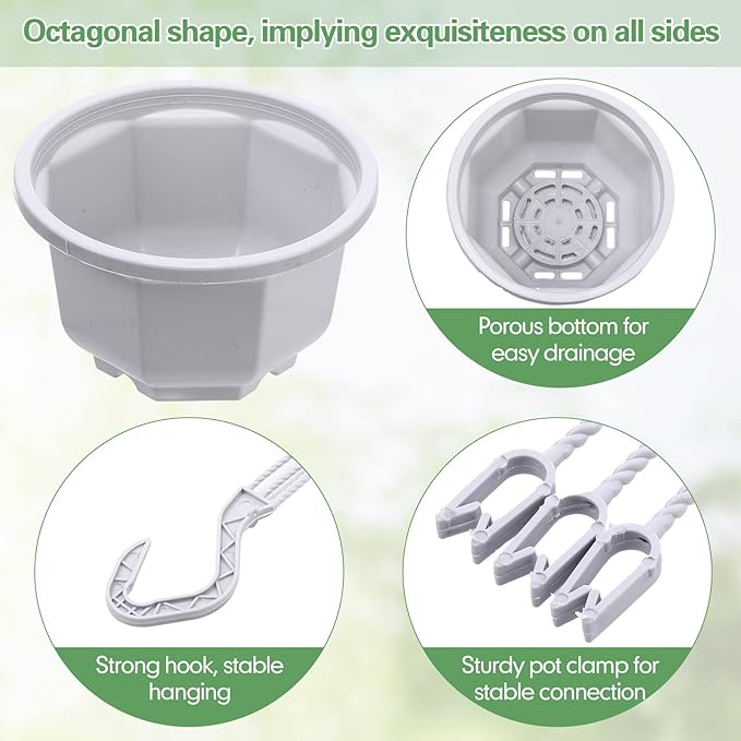 Roshtia 24 Pcs Hanging Plastic Planter Pot with Hook Flower Pots Baskets Hanging Nursery Planter Holder for Outdoor Indoor Plant Garden(Ceramic White,6.7 Inch)