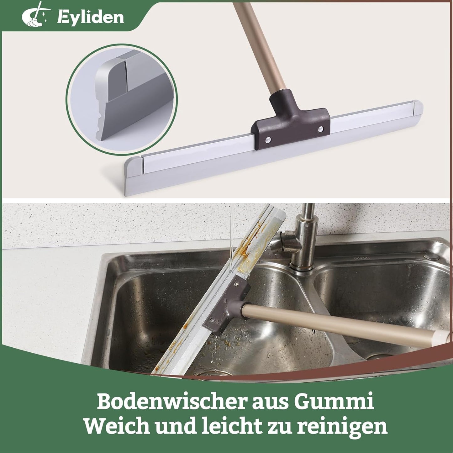 Eyliden 17" Rubber Floor Squeegee - Quick Water & Foam Removal, Dual-Action Push & Scrape Heavy-Duty Scrubber Broom with Telescopic Handle, for Bathroom Shower Kitchen Floors Glass Pool