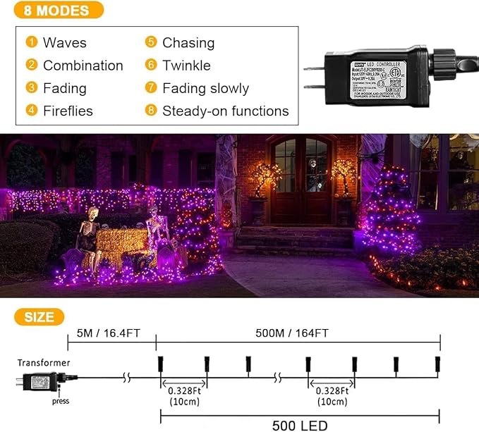 weillsnow 164FT 500 LED Halloween Lights, 8 Modes Waterproof Plug in String Lights for Halloween Indoor Outdoor Yard Party Wedding Garden Home Decorations (Purple & Orange)