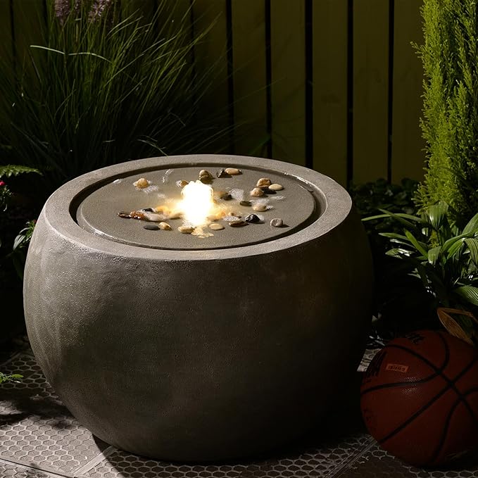 Garden Water Fountain Outdoor Large Round Bubbler Water Feature Indoor with Lights & Pump and Pebbles Concrete Effect for Patio Pool Pond Yard Home Decor Gray, 25 "L X 25" W X 17.5" H